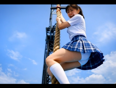 【ＡＩ動画】制服姿で行うプールの上でのロープ登り～プールに落ちて制服が・・・～