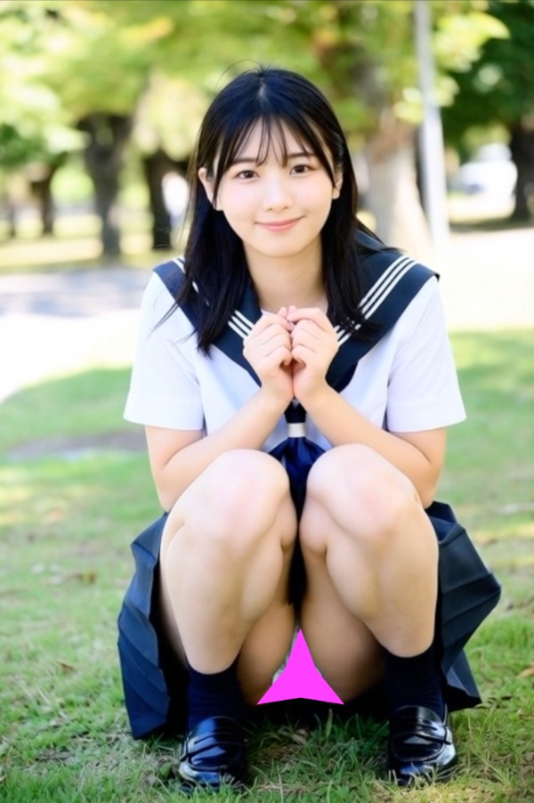 清楚なセーラー服美少女が、無防備にしゃがみ込んで…可愛らしいパンティ見えっぱなし♡