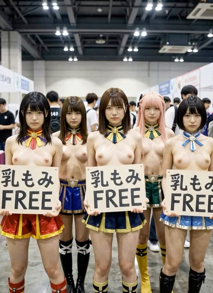 【動画】揉み放題コスプレ天国 コミケ会場の「乳もみFREE」ブース巡り200人超