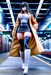 【フィギュア風】疲れた大学生の帰宅途中2 ～市営地下鉄の階段を上る彼女～ 白T×トレンチ×黒レザースカート×白ブーツ黒ニーソ