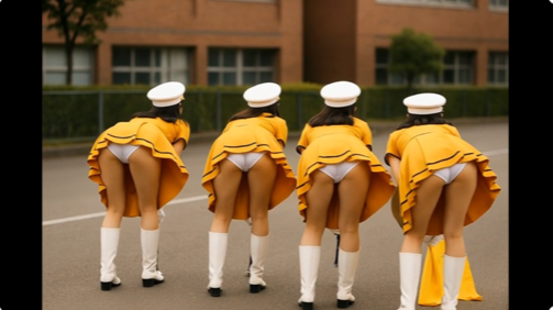 【AI動画】鼓笛隊パレード練習で白アンスコ丸見え