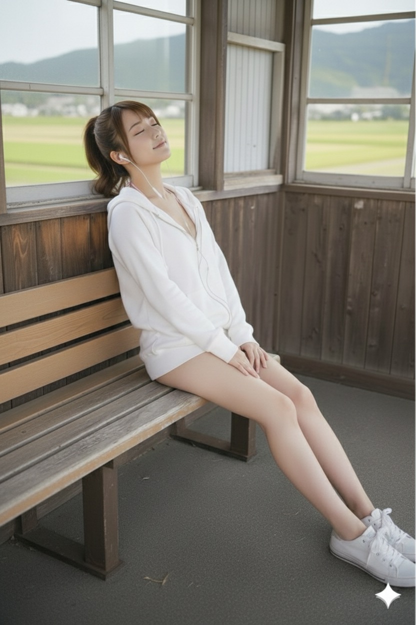 地方の小さな駅のホームのAI女の子