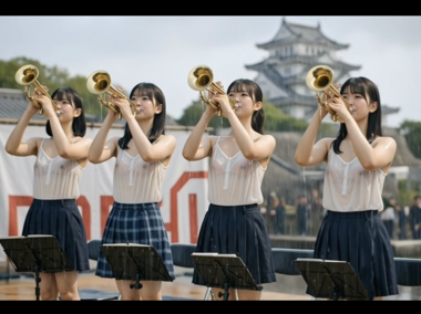 【AI動画】お城祭りで、吹奏楽部や忍者がアンスコ丸見え