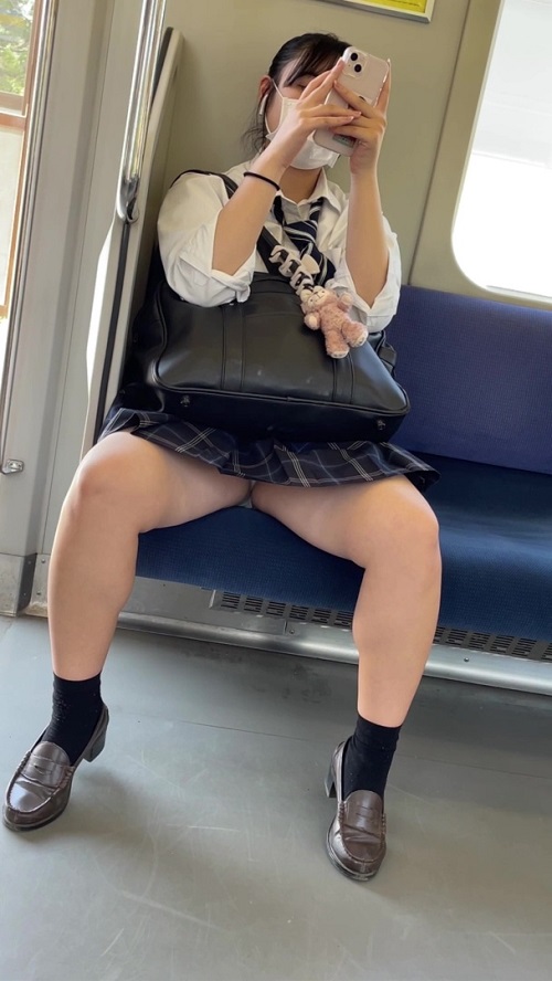 電車対面1 アイドル級制服女子の白パンチラ