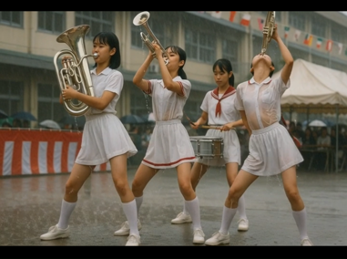 【ＡＩ動画】雨の中の鼓笛隊ステージ・びしょ濡れ動画